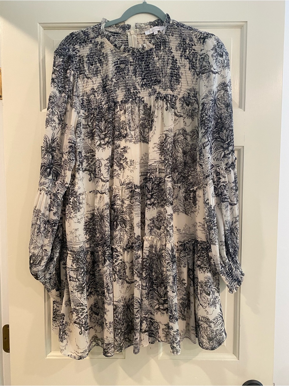 Olivaceous Black and Cream Toile Smocked Top
